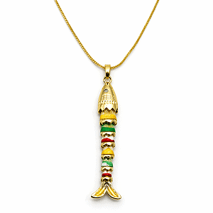 דוֹג מִתְנַנְדֵן תַלִּיֹּה, תכשיט מיוחד לאוצרות המלך דוד, עבודת זהב וחרוזים צבעוניים.